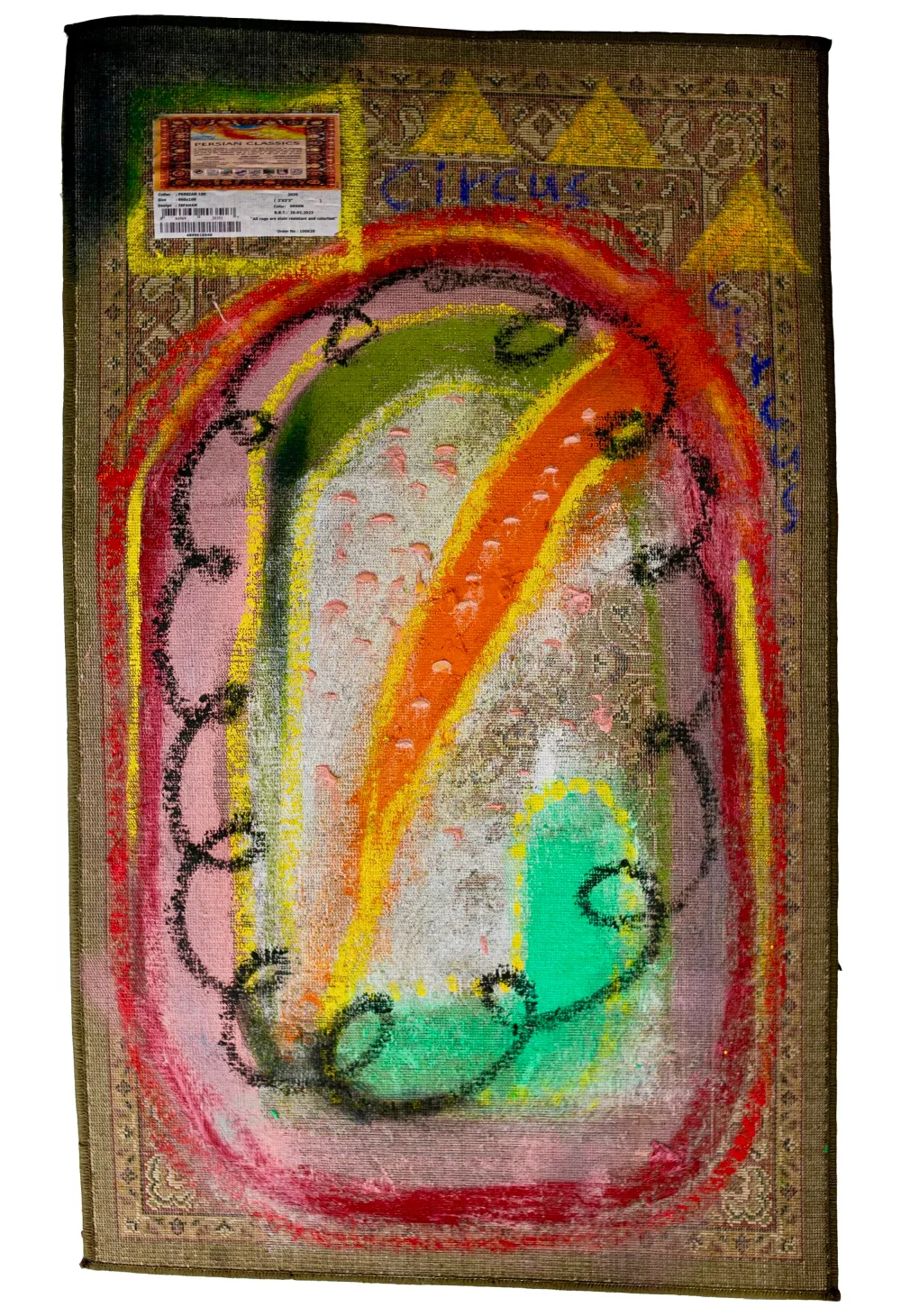 Oil stick and acrylic on a machine-made Persian-style rug, the retail label left in place — Paasha Motamedi