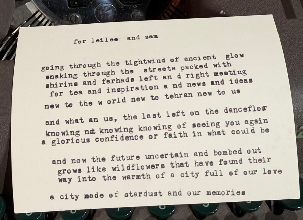 Typed poem card for leilee and sam, beginning: going through the tightwind of ancient glow